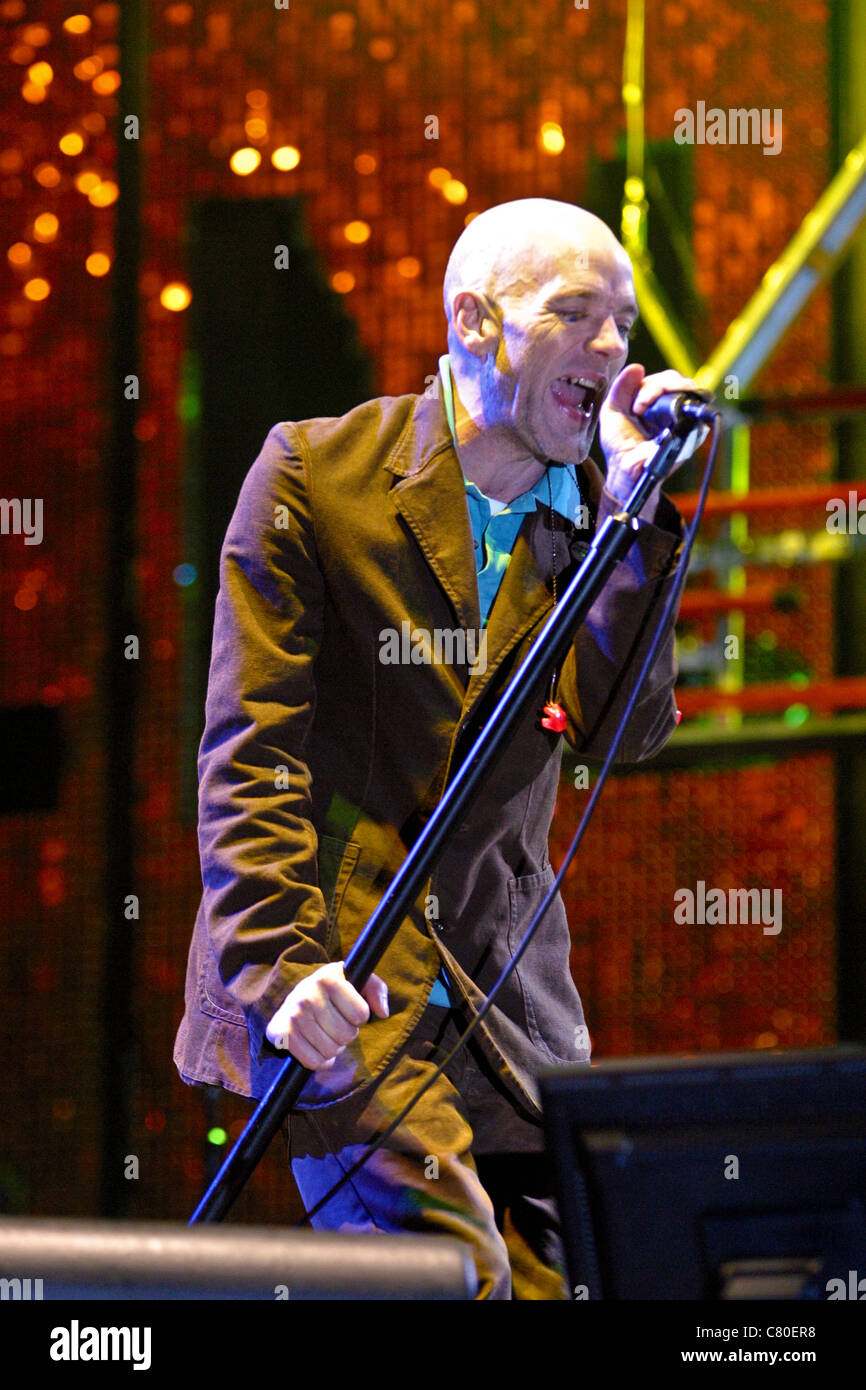 REM performing on the Pyramid stage at the Glastonbury Festival 2003