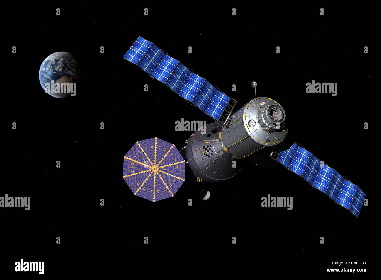 Artist's concept of the Deep Space Vehicle docked to the Extended Stay Module. Stock Photo