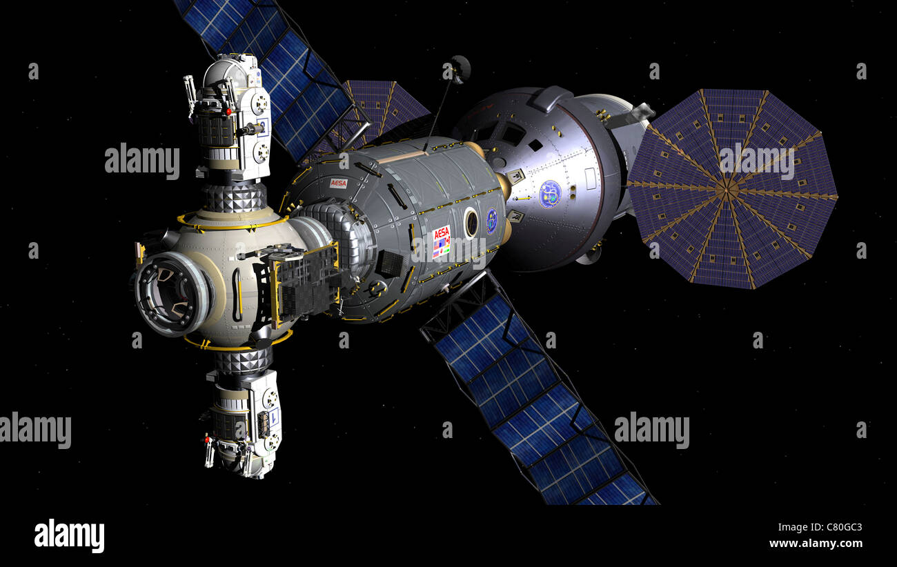 Artist's concept of a Deep Space Vehicle with Extended Stay Module and Manned Maneuvering Vehicles port bow view. Stock Photo