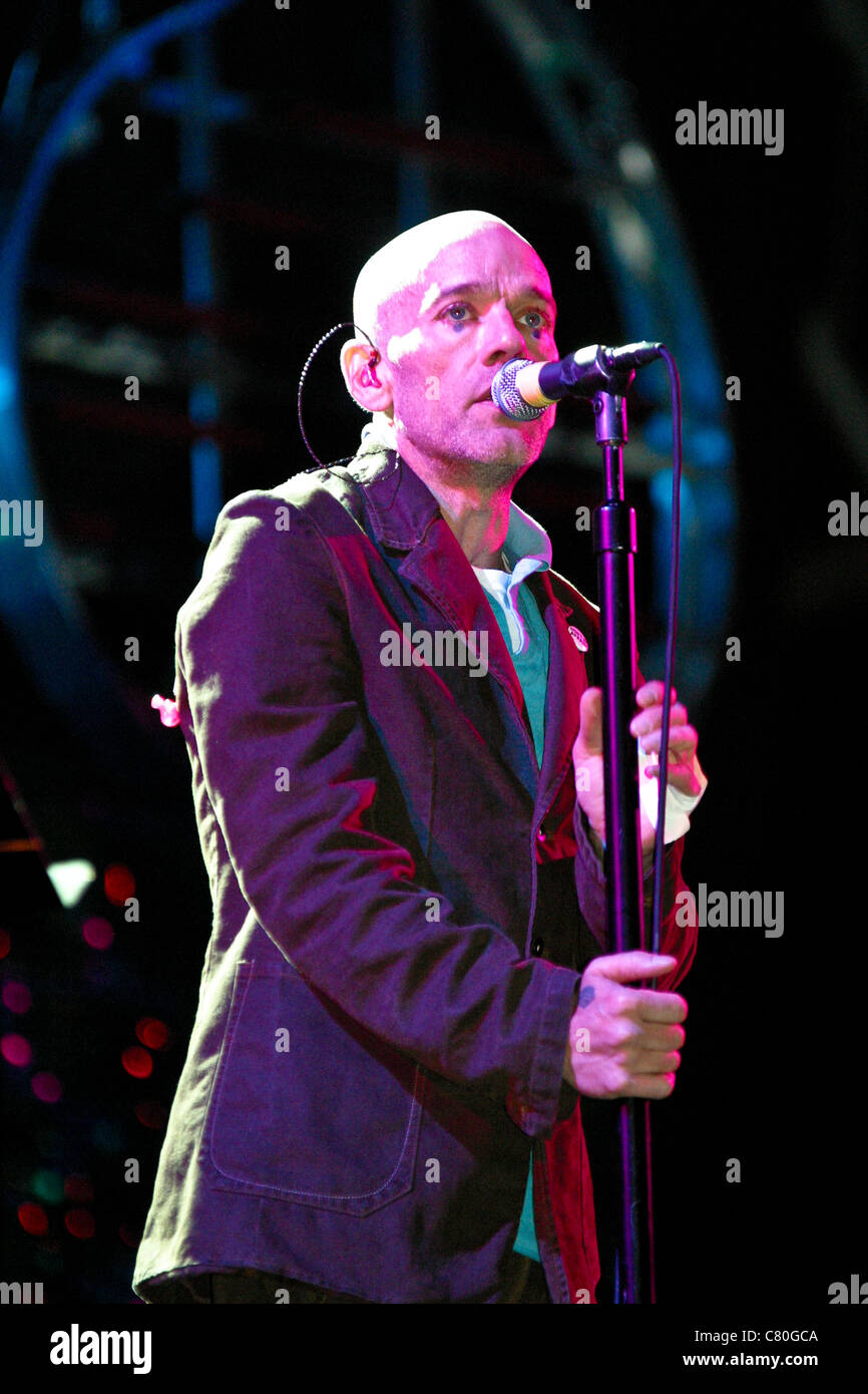 REM performing on the Pyramid stage at the Glastonbury Festival 2003