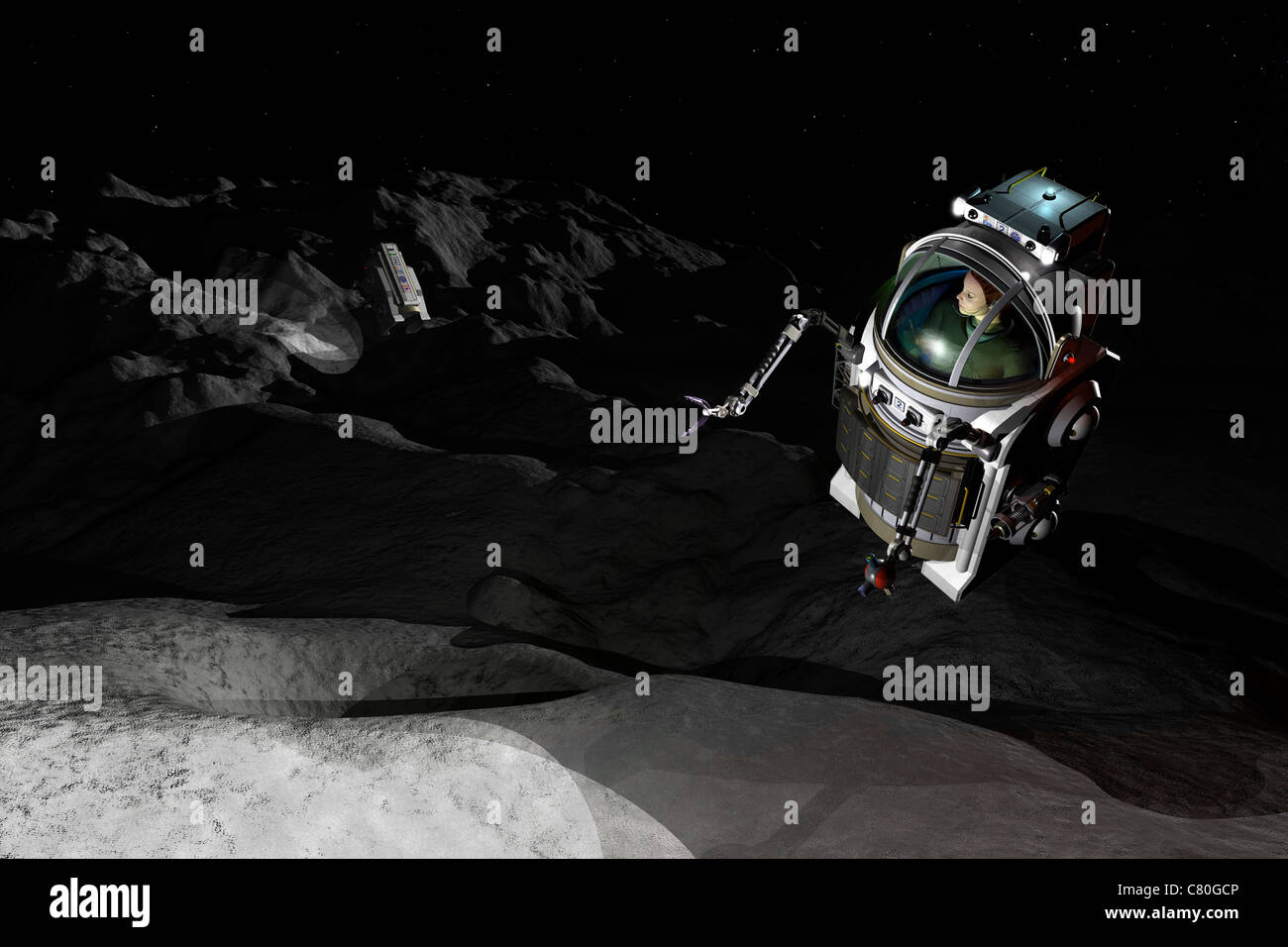 Two Manned Maneuvering Vehicles explore the airless, microgravity environment of a small asteroid. Stock Photo
