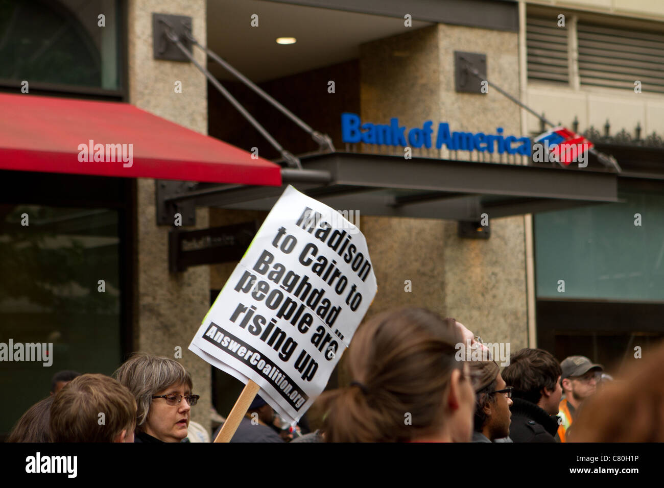 A protest sign in front of Bank of America at the Occupy Seattle