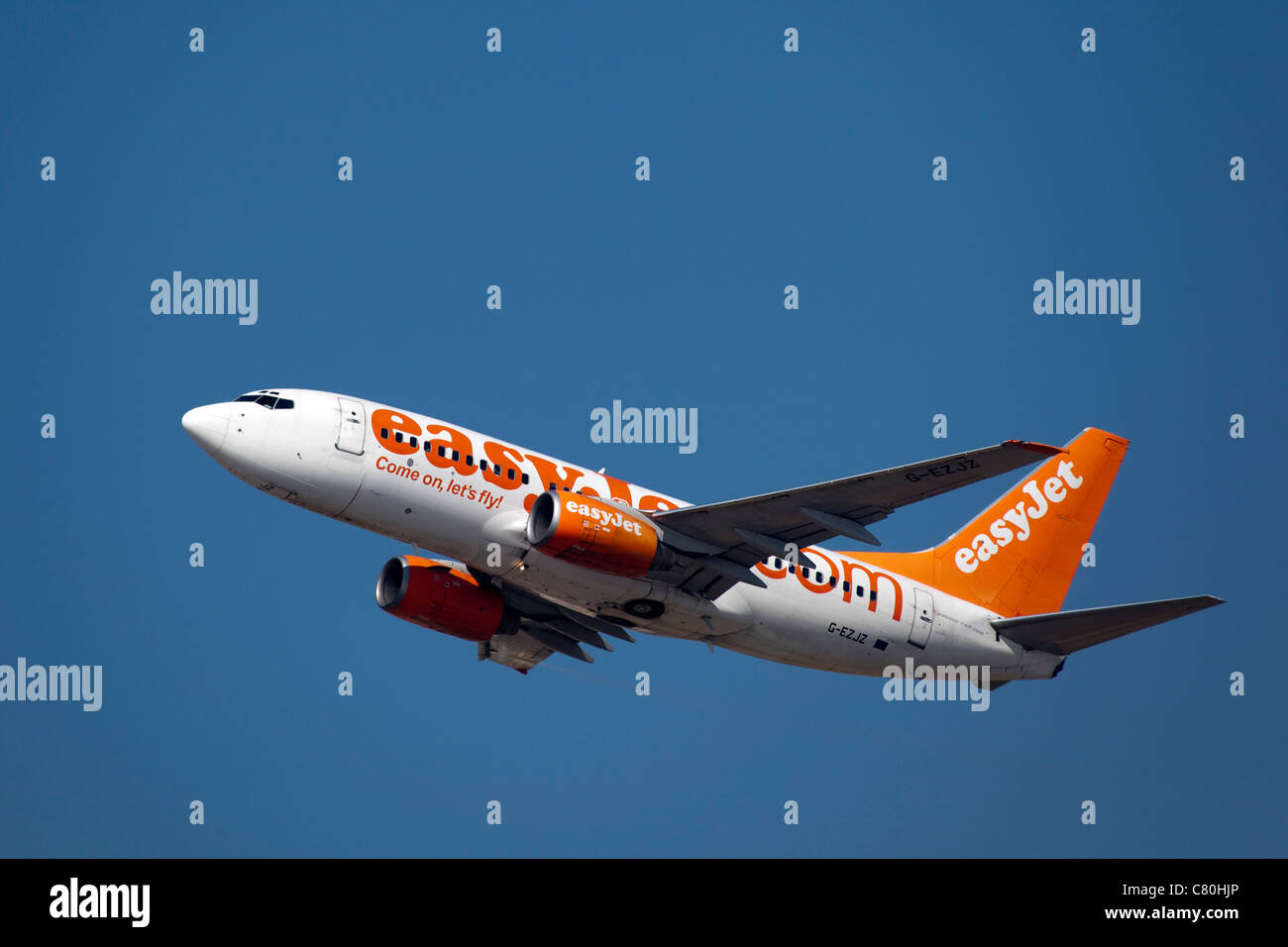 Plane taking off at the airport of Malaga Costa del Sol Andalusia Spain Stock Photo