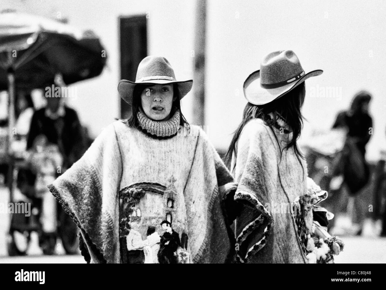 Young women wearing traditional Colombian poncho, the “ruana”. Nobsa