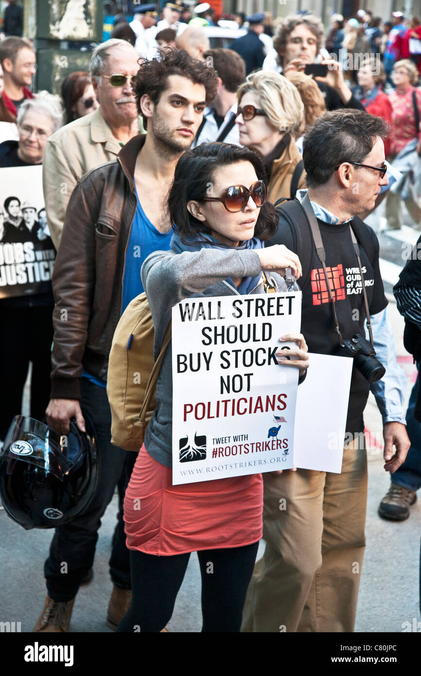 demonstrators including union members & those opposed to the corrupting influence of money in politics march to Foley Square NYC Stock Photo