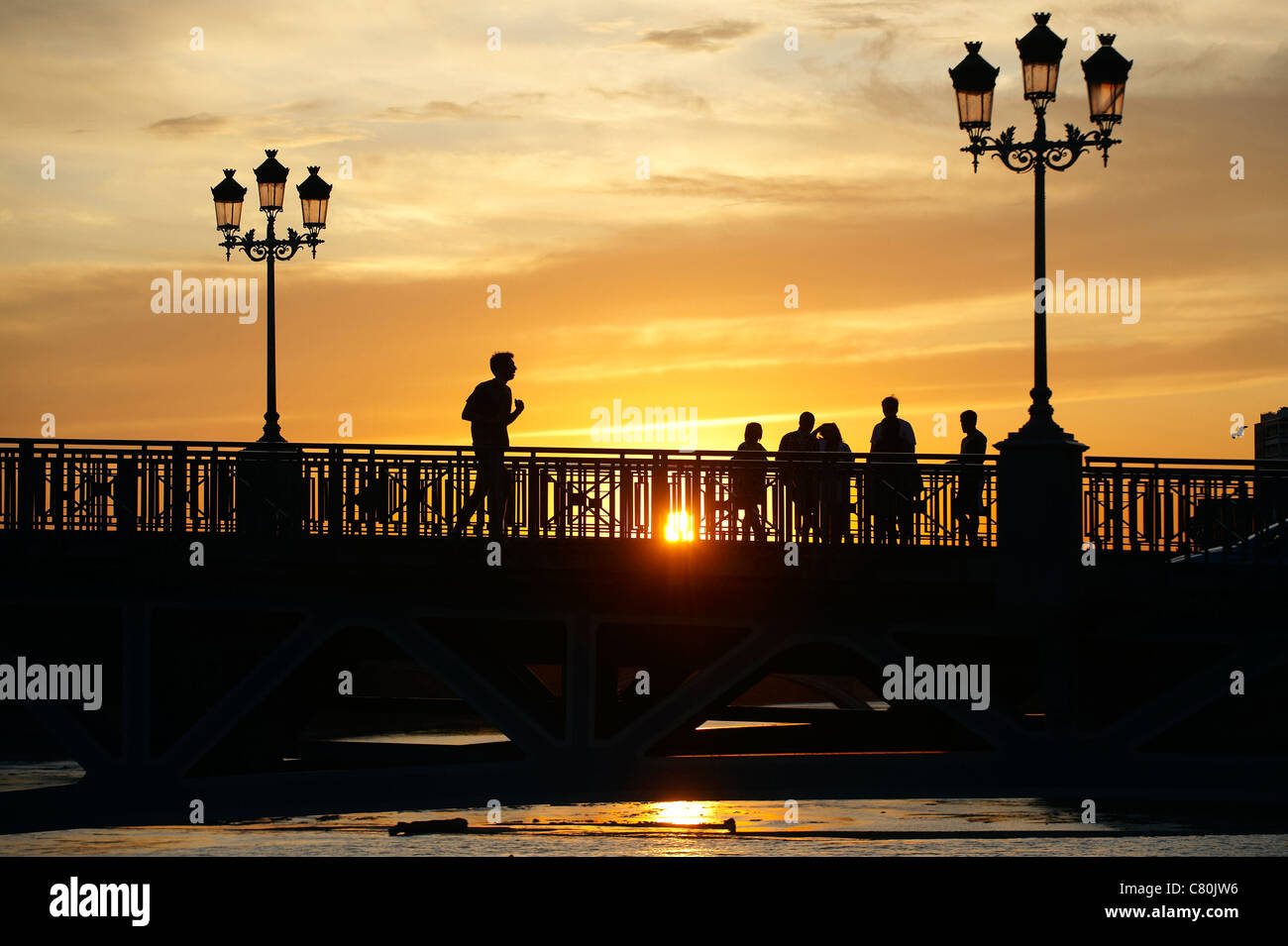 France, Toulouse, Garonne River, Pont St Pierre Bridge at Sunset Stock Photo