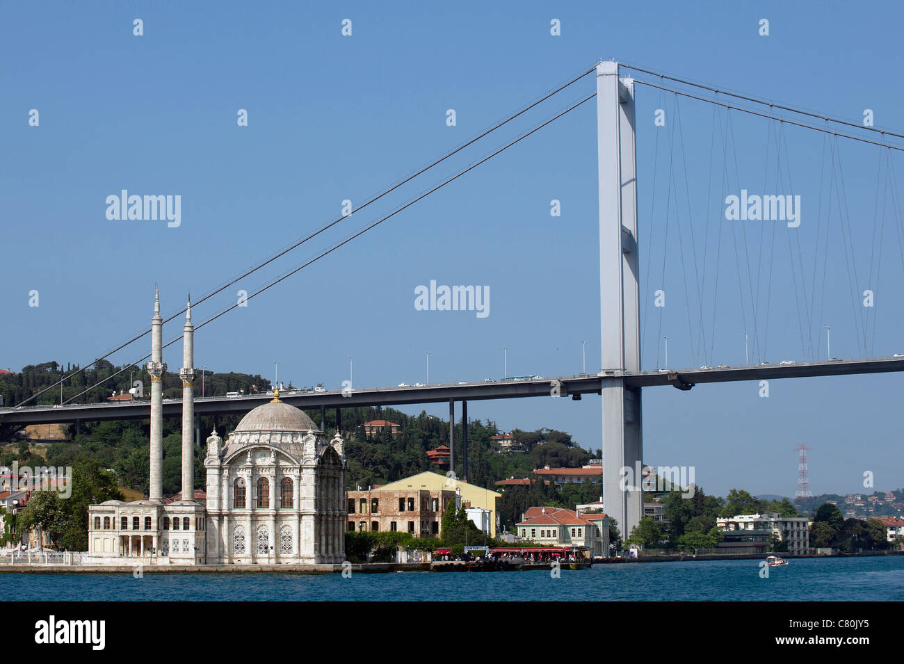 Turkey, Istanbul, Bosphorus European Side, Ortakoy Mosque background Ataturk bridge Stock Photo