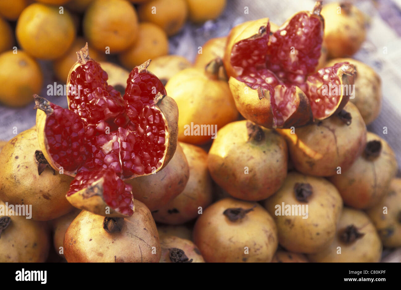 India, Tamil Nadu, Chettinad, Kundiakkudi Village, Market, Pomegranate Stock Photo