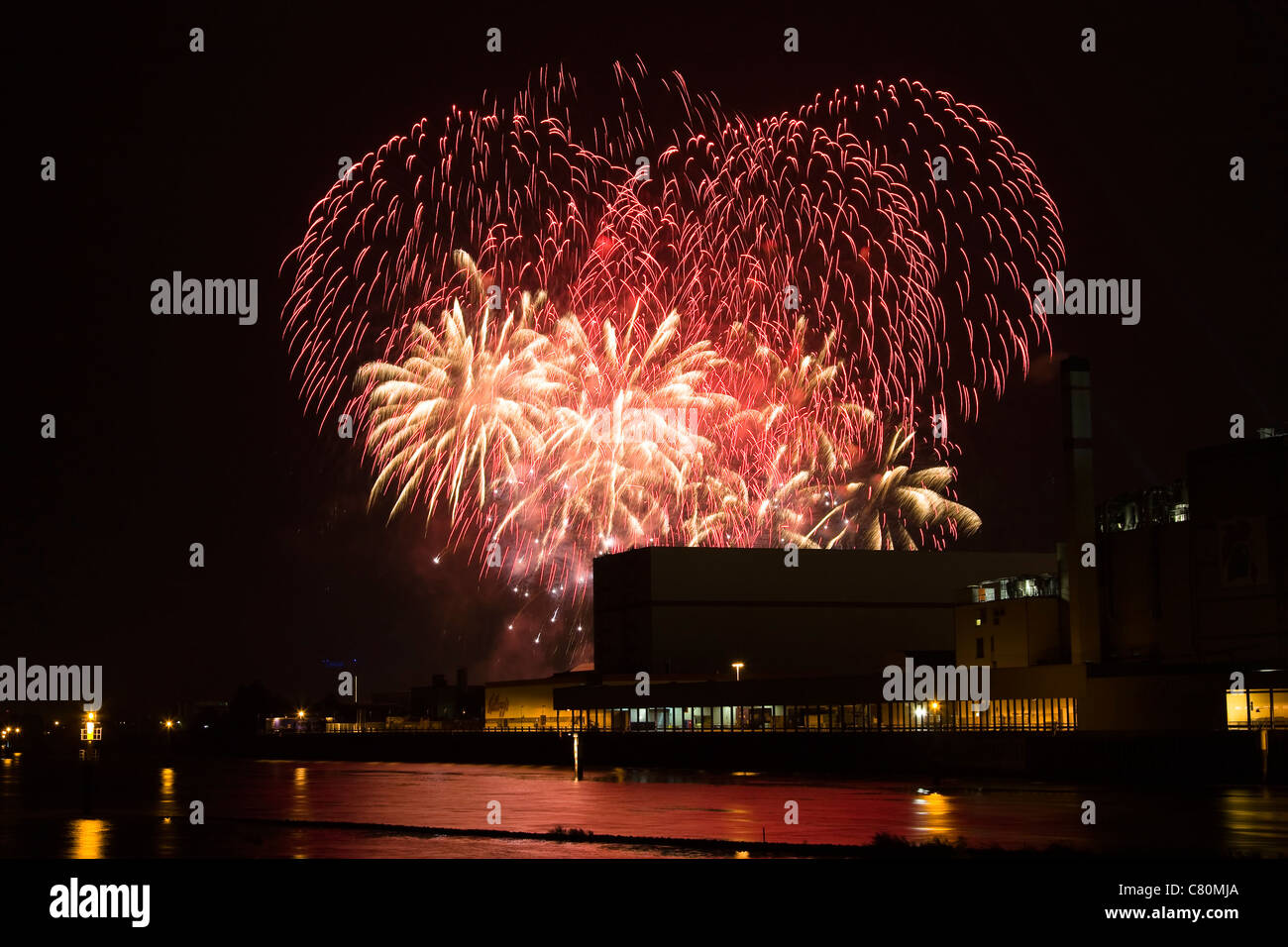 Fireworks on 2 October 2010 during the national festivities on the Day of German Unity in Bremen. Stock Photo