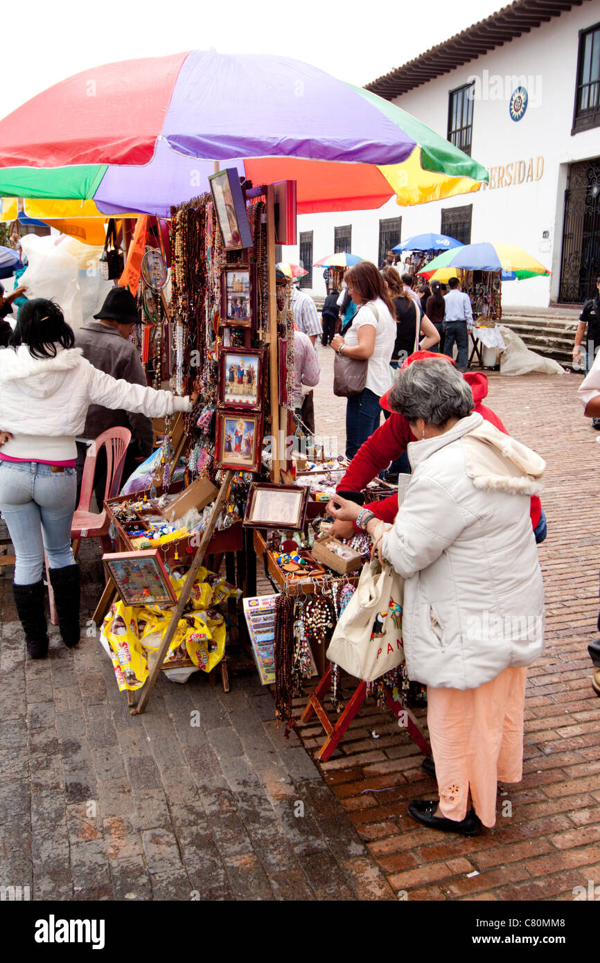 peddler in the street showing her merchandise. Chiquinquirá, Boyacá, Colombia, Andes region, South America Stock Photo