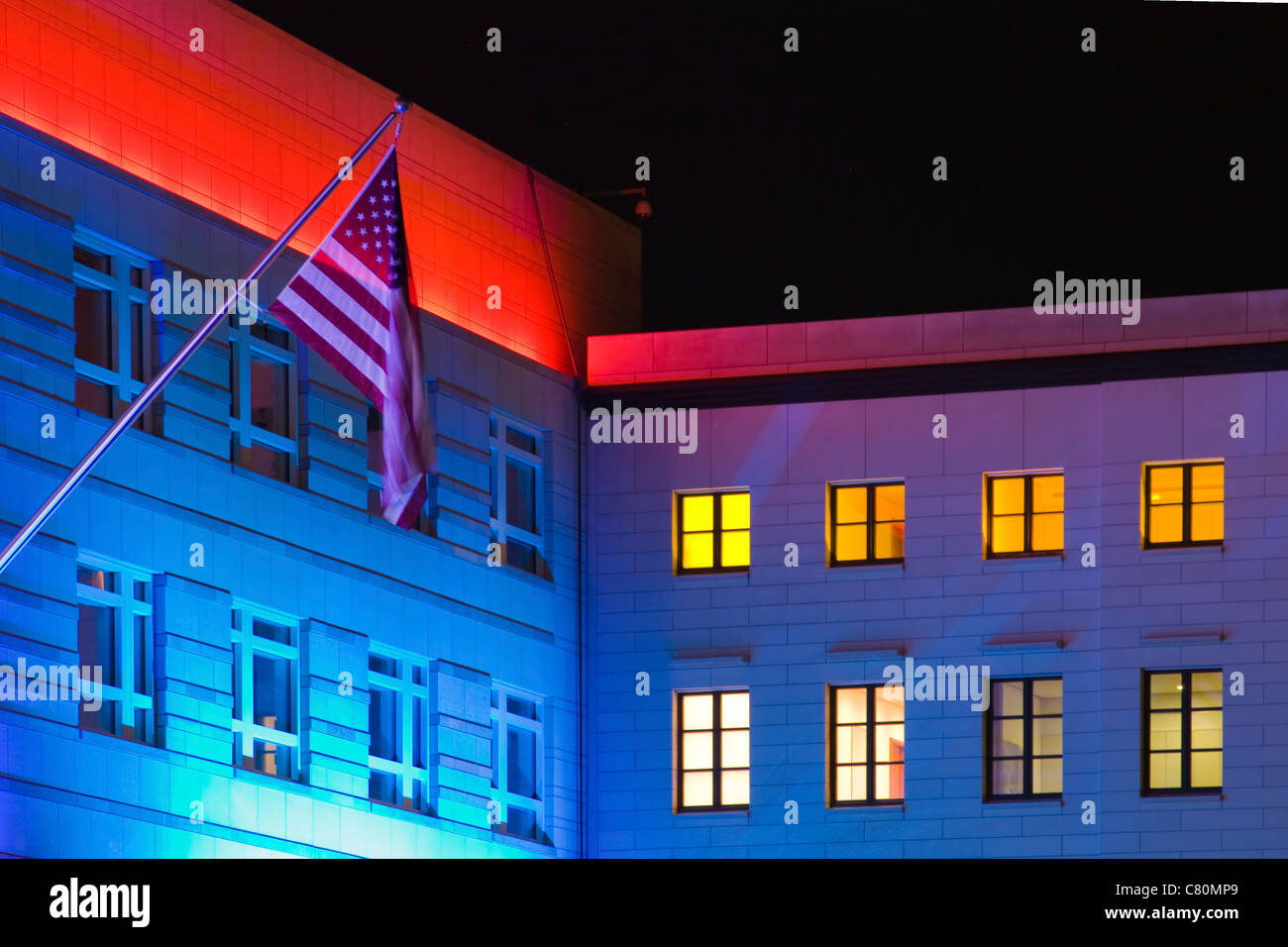 Image taken at night of the American embassy during the Festival of Lights in Berlin in October 2010. Stock Photo