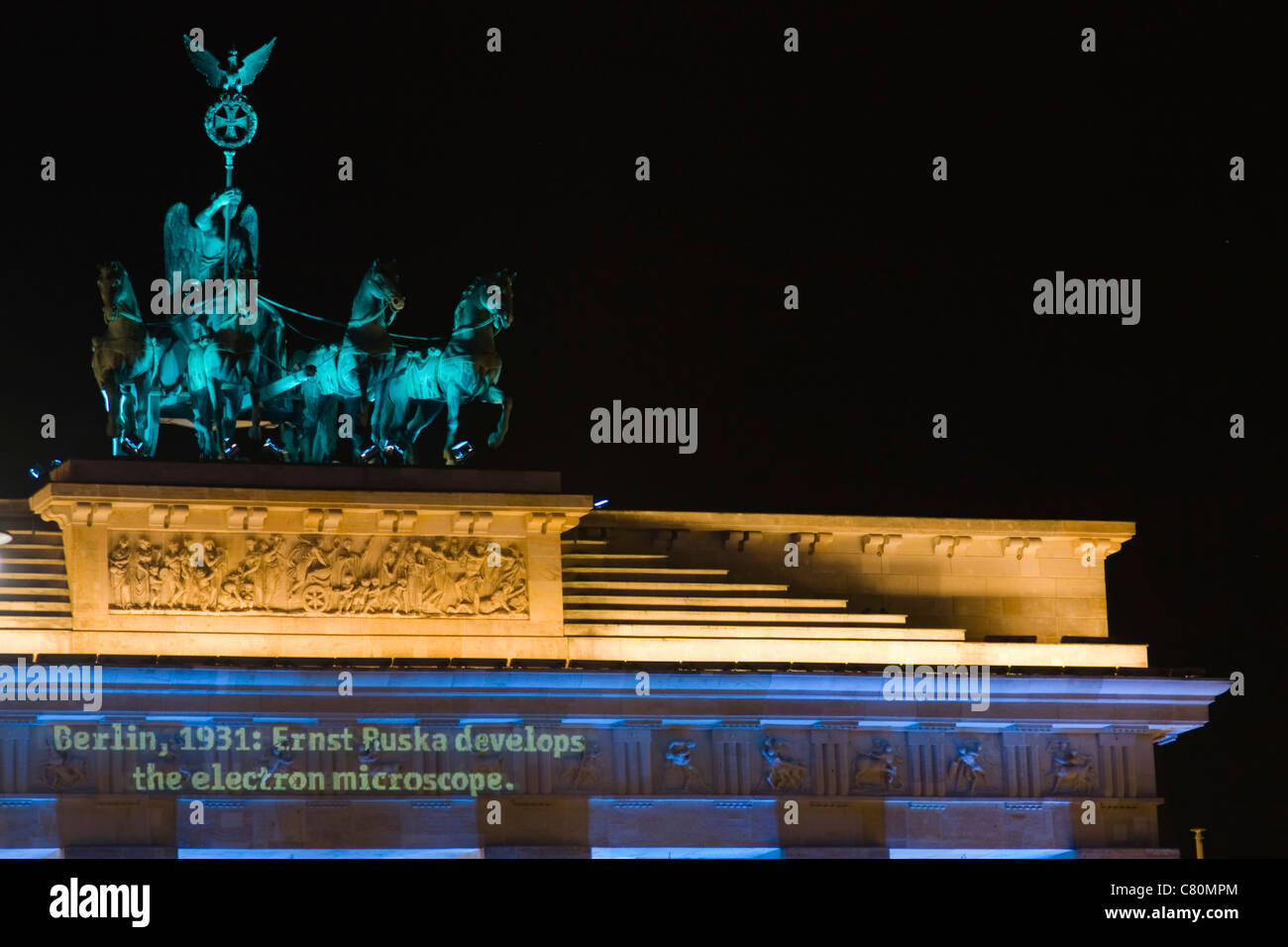 Image taken at night of the Brandenburg Gate during the Festival of Lights in Berlin in October 2010. Stock Photo