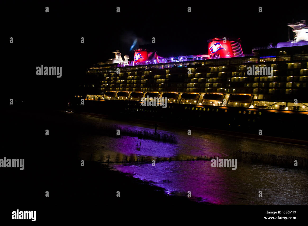 The Disney Dream cruise liner on its way from the Meyerwerft in Papenburg, Germany. Stock Photo