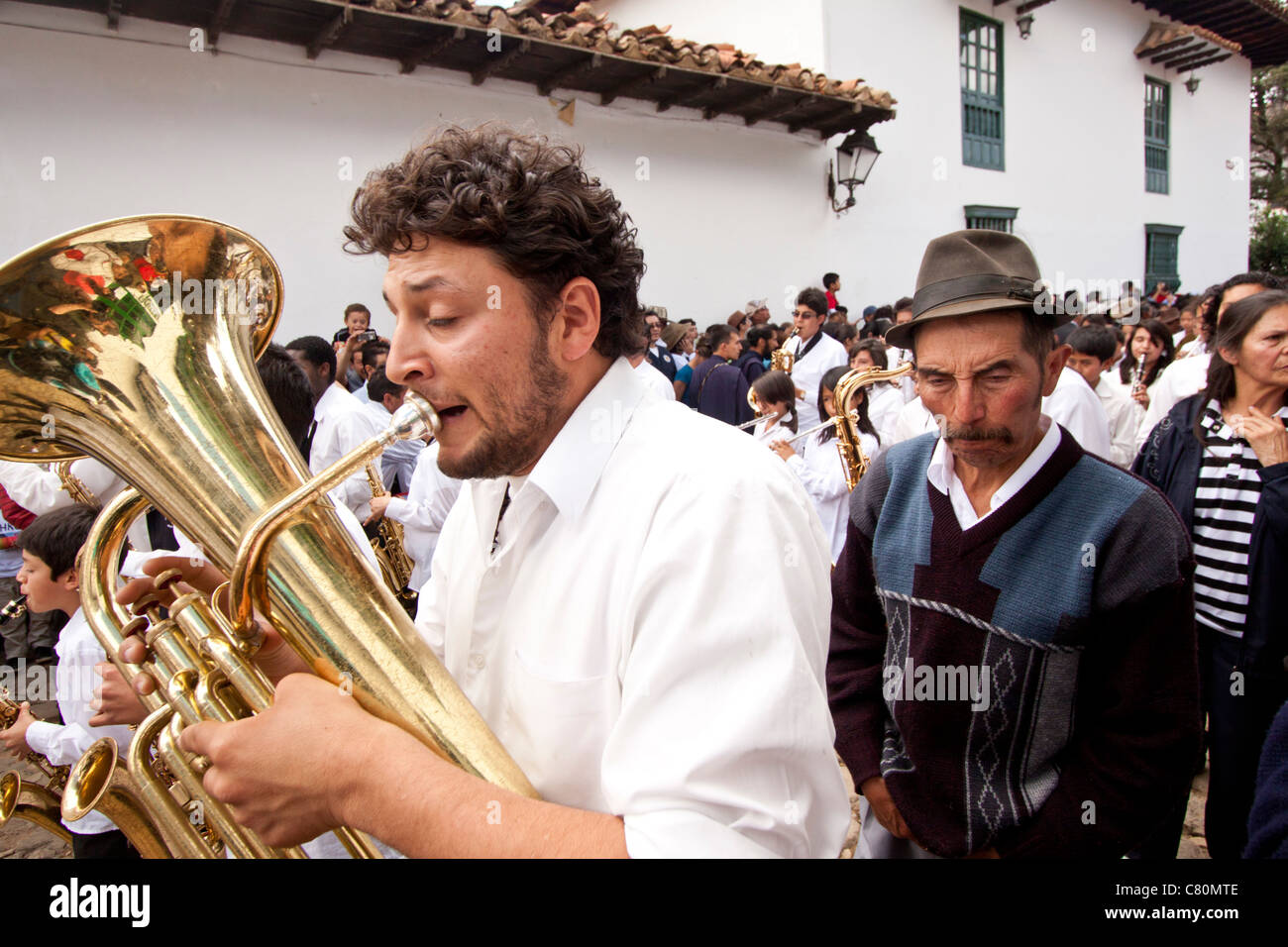 marching band during a public feast in Villa de Leyva, Boyacá, Colombia, South America Stock Photo