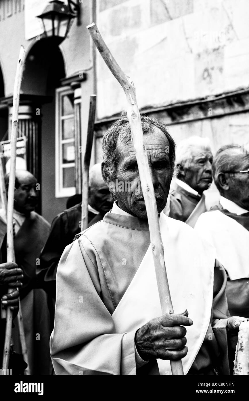 Men during a religious procession during Easter holidays. Nobsa, Boyacá, Colombia, South America, Andes region Stock Photo