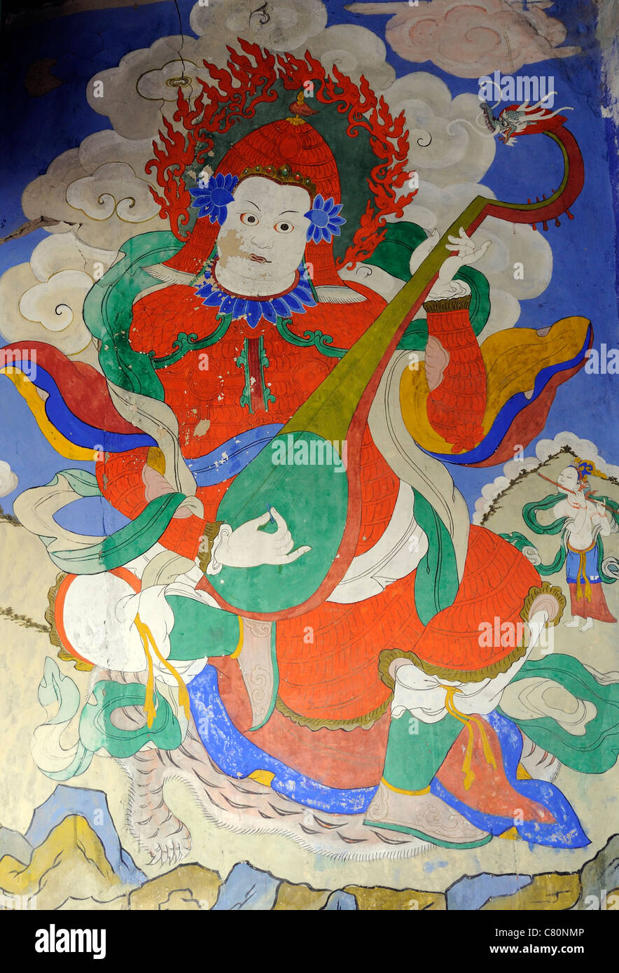 Mural painting of Dhritarastra . Diskit Monastery, Deskit Gompa, Diskit Gompa Ladakh Stock Photo