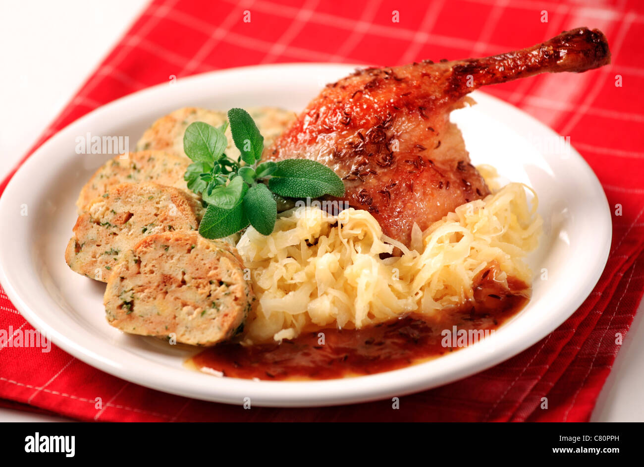Roast Duck with Cabbage and Bread Dumplings - Czech cuisine Stock Photo