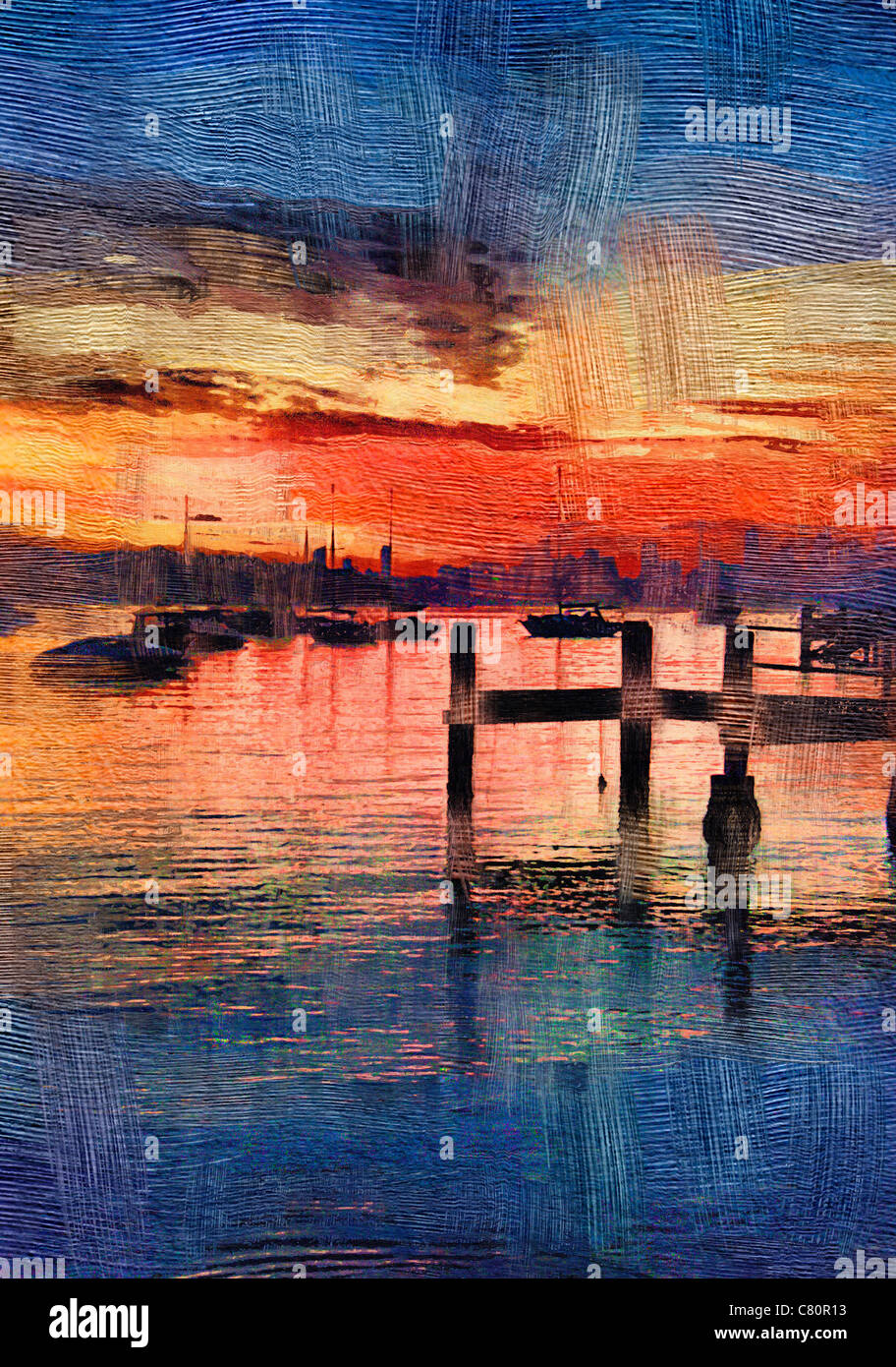 Digital illustration high impact color cityscape with water boats and reflections at sunset painting style suitable for decor or Stock Photo