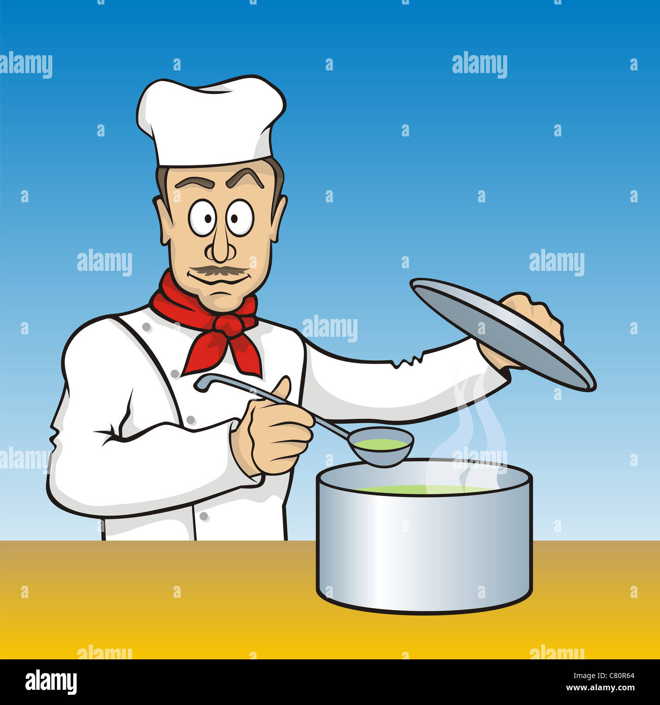 Cartoon chef with scoop testing the soup Stock Photo