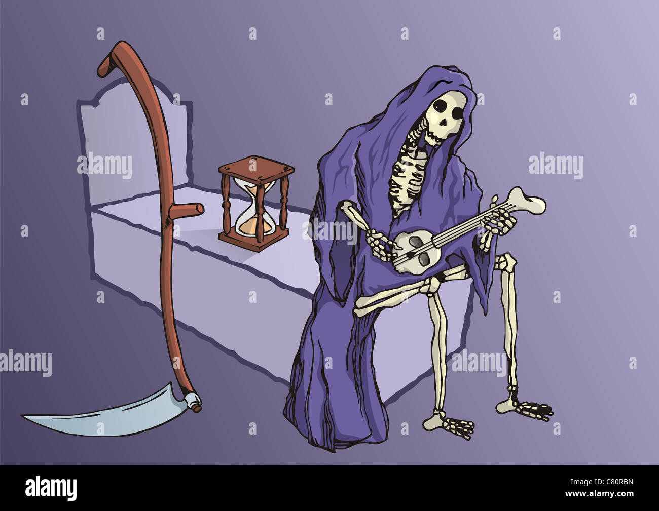 Grim reaper resting playing music hourglass and scythe Stock Photo - Alamy