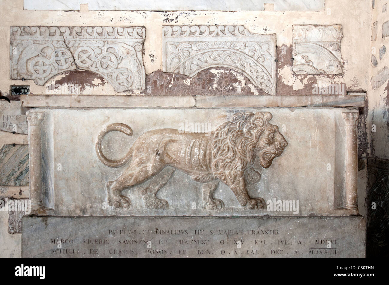 Lion Sarcophagus, portico of Santa Maria in Trastevere, Rome Italy Stock Photo