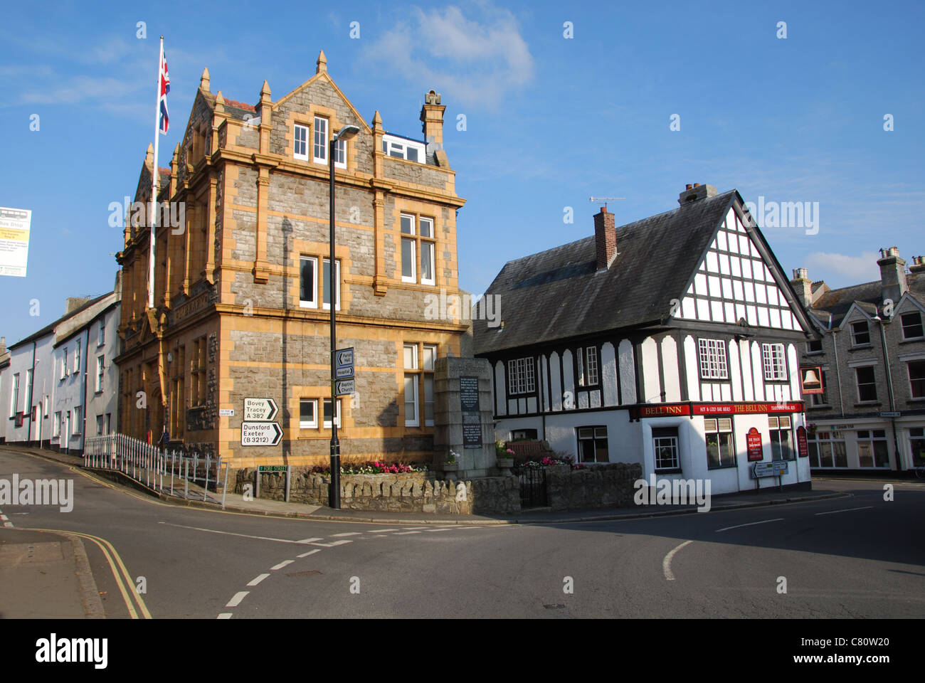 town center of Moretonhampstead with library and the Bell Inn in Devon UK Stock Photo