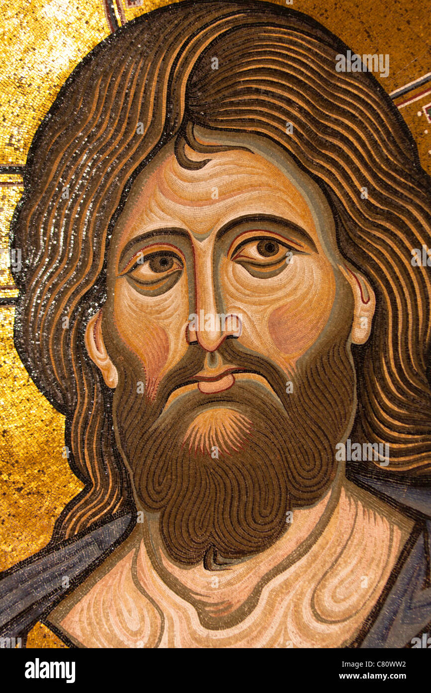 Jesus Christ mosaic in the apse, Monreale Cathedral, Monreale, near Palermo, Sicily, Italy Stock Photo