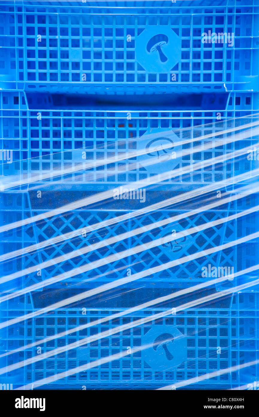 Blue plastic storage boxes stacked up photographed close in to make