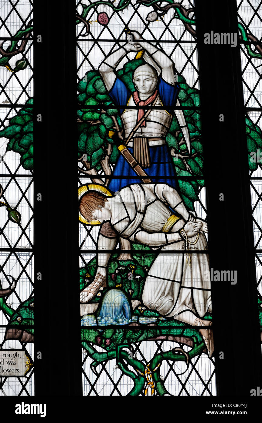 Stained-glass window of the beheading St Alban by a Roman soldier in the Cathedral and Abbey Church of St Alban Stock Photo