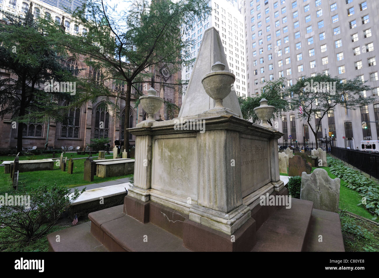 The grave of Alexander Hamilton in Trinity churchyard. The church, which was established in 1697, is in Lower Manhattan. Stock Photo