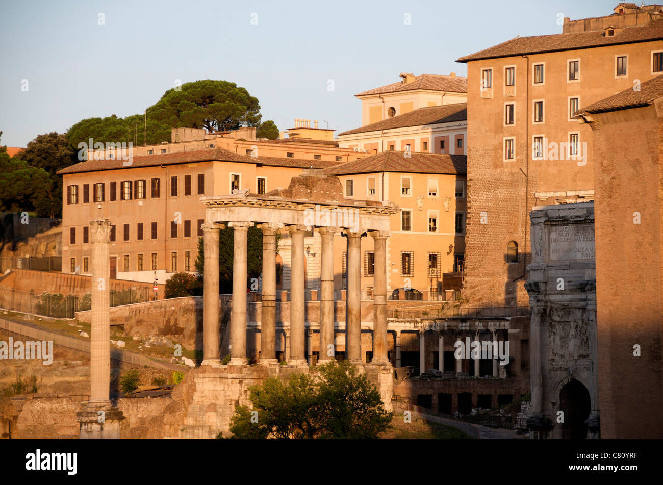 Temple of Saturn in the Forum Romanum, Rome, Italy - at dusk Stock Photo