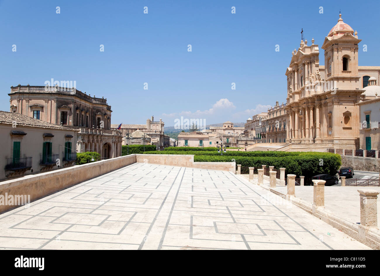 The famous town of Noto, Sicily, Sicilia, Italy with the Cattedrale di San Nicolò, restored baroque cathedral Stock Photo