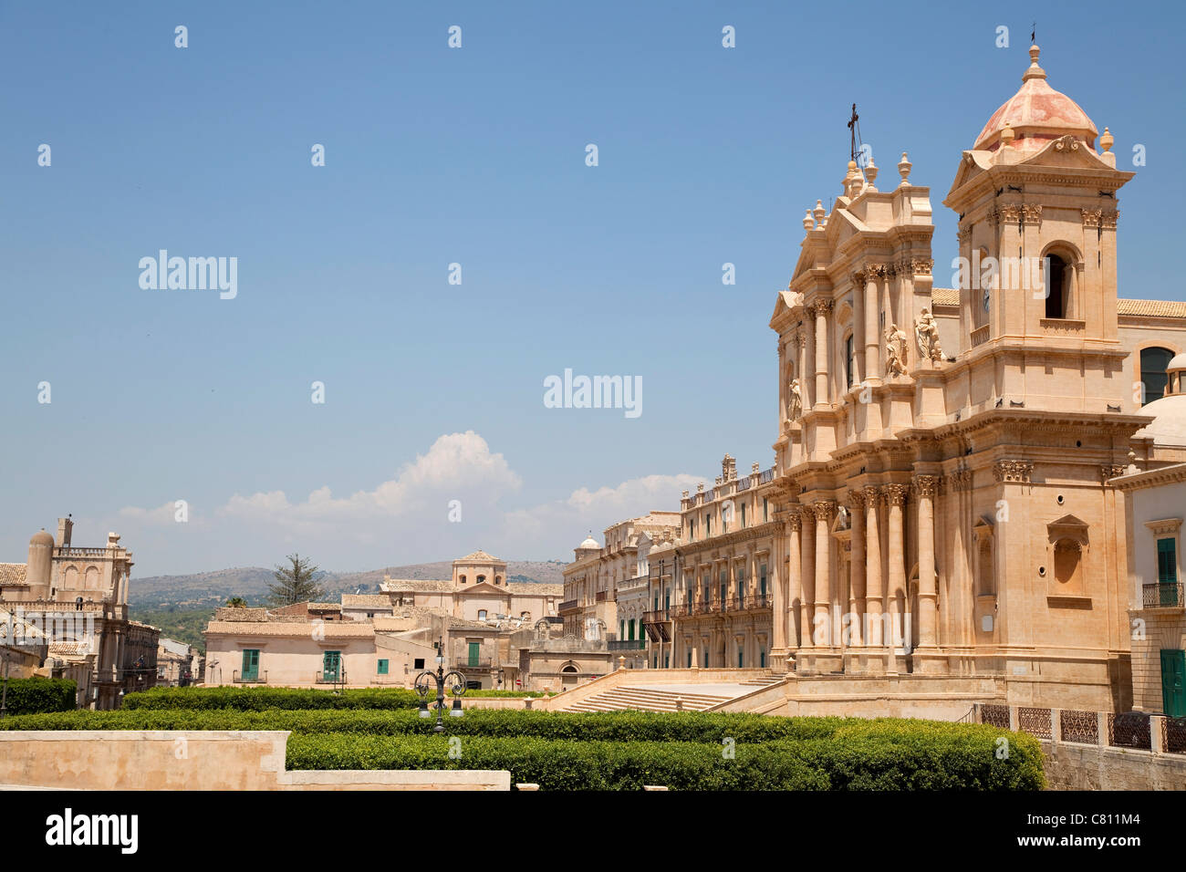 The famous town of Noto, Sicily, Sicilia, Italy with the Cattedrale di San Nicolò, restored baroque cathedral Stock Photo