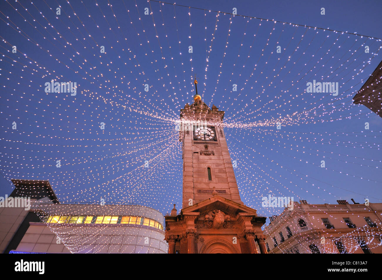 The Clock Tower covered in Christmas lights, Brighton, East Sussex, UK