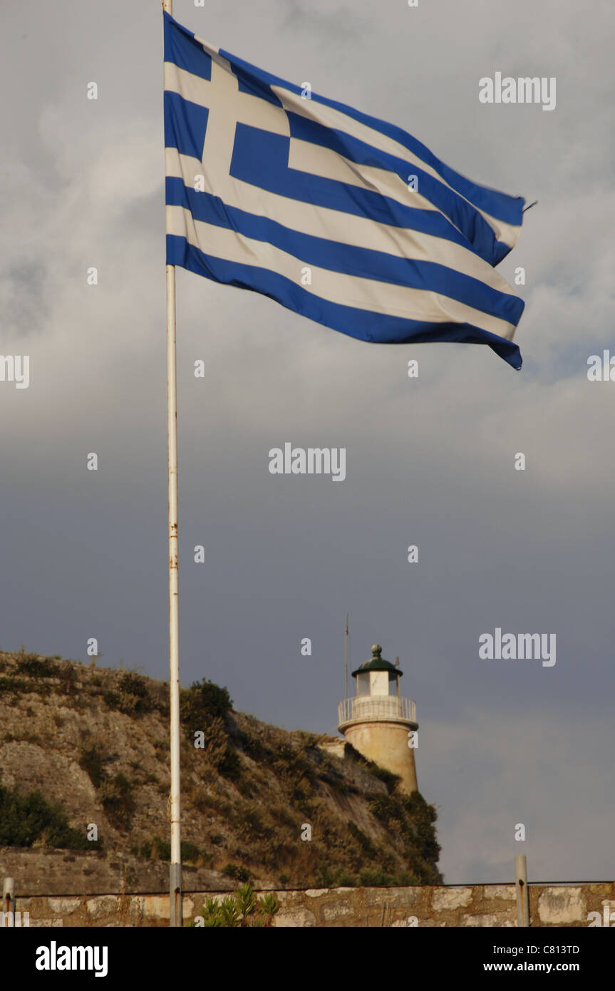 Greece flag waving at the Old Venetian Fortress. Corfu. Ionian Islands. Greece. Stock Photo