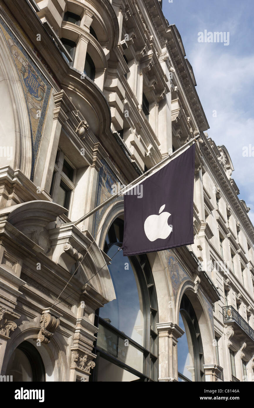 Looking up at the corporate flag of Apple's logo on a banner high above ...