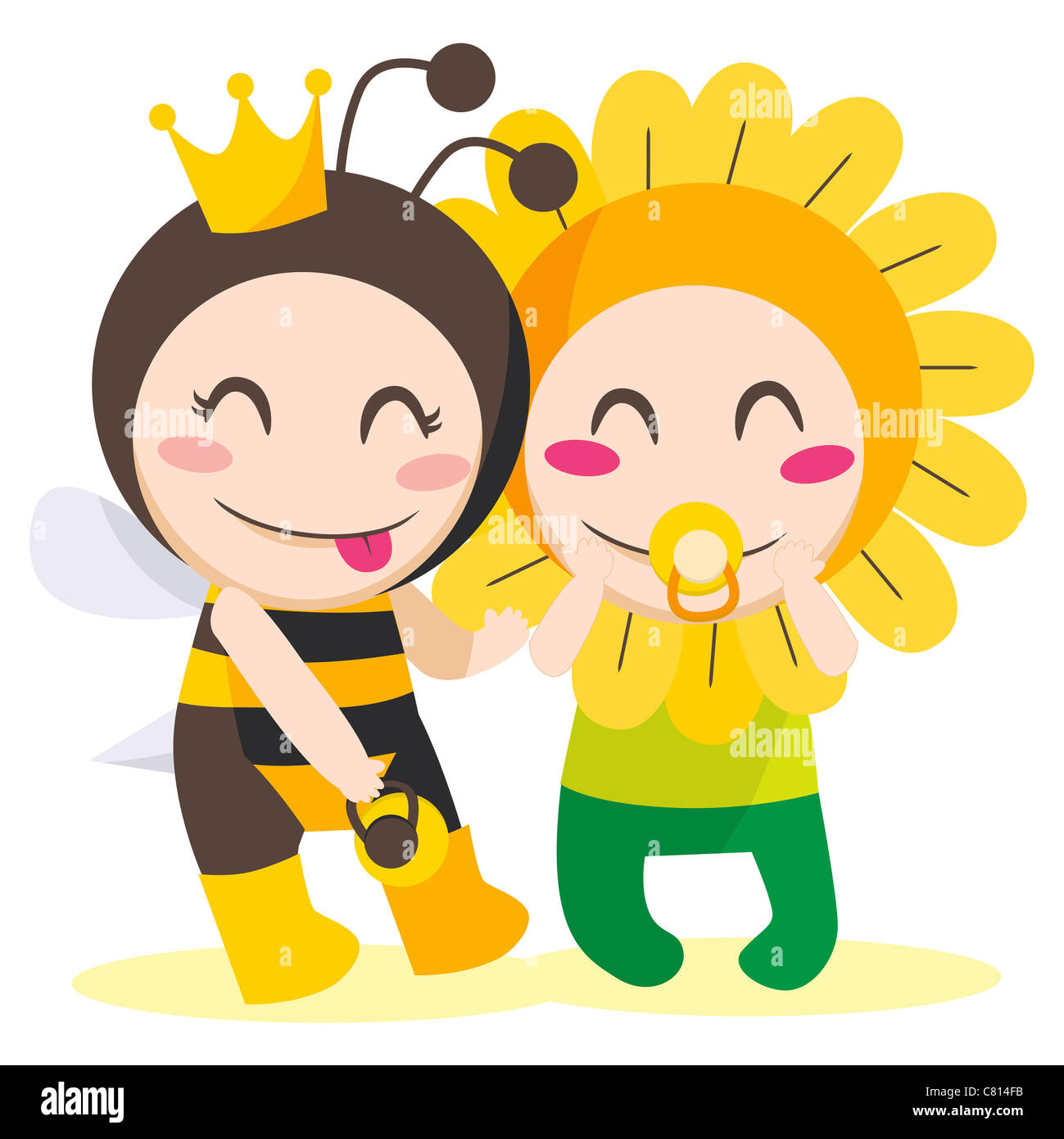 Children with queen bee and flower costumes playing together Stock