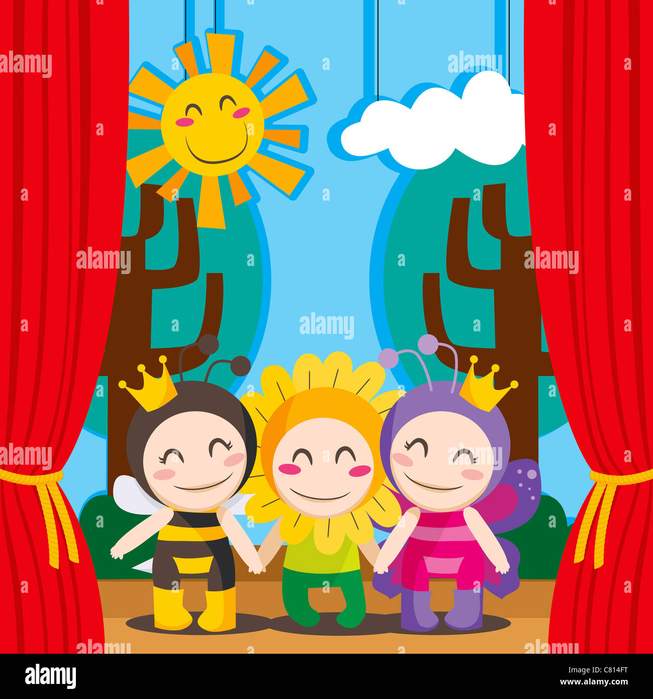 Three children in costumes performing a theater play on stage Stock