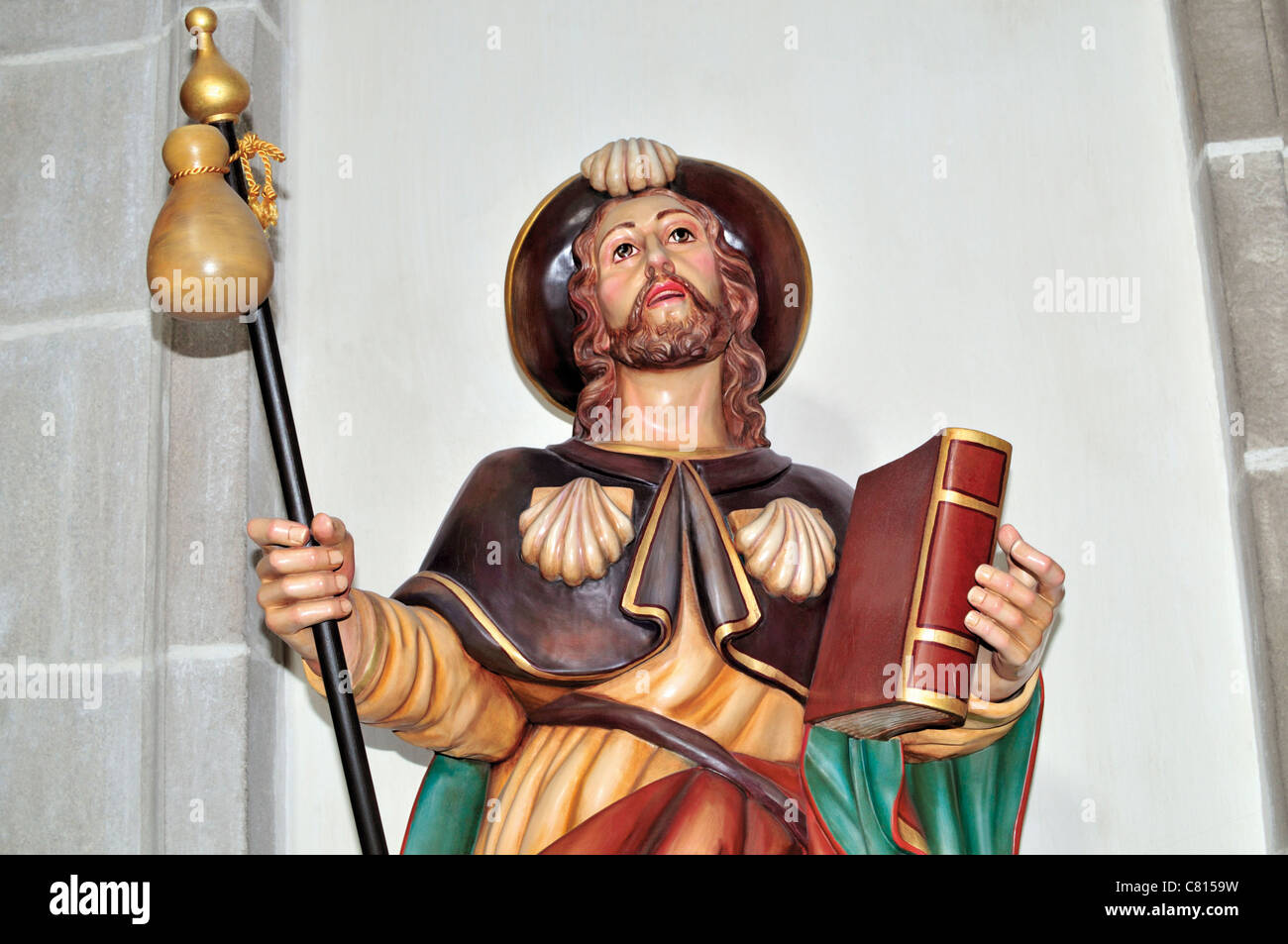 Spain, St. James Way: Sculpture of Saint James in the Basilica of Monastery San Xulian de Samos Stock Photo