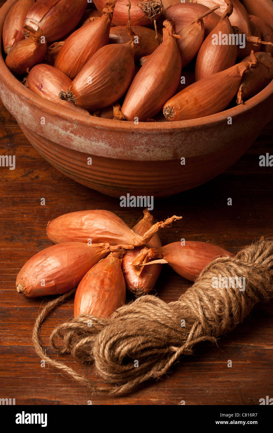 Organic Longor shallots in terracotta bowl garden twine in foreground Stock Photo