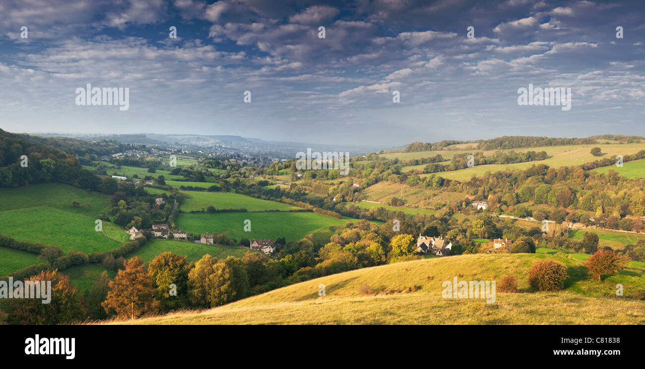 View of Slad Valley, Stroud, from Swifts Hill Nature Reserve Stock Photo