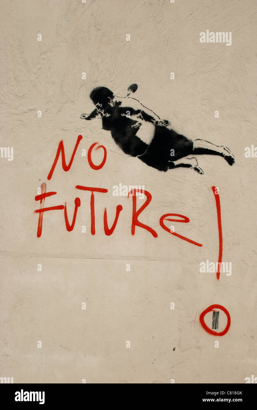 Graffiti saying : no Future. Fat man skydiving with a miniature parachute. Stock Photo