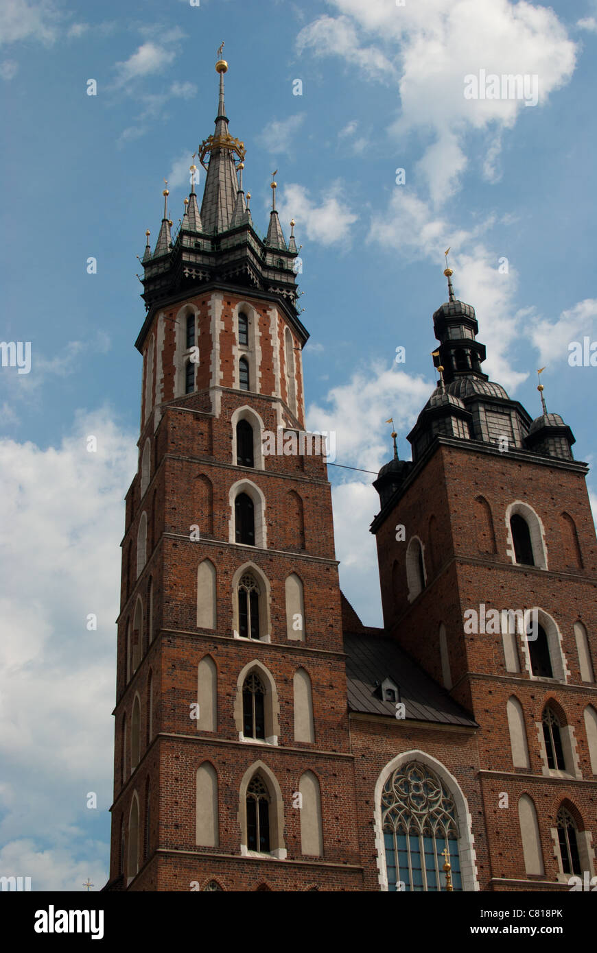 Kosciol Mariacki - St Marys Church - close-up of towers Poland Stock Photo