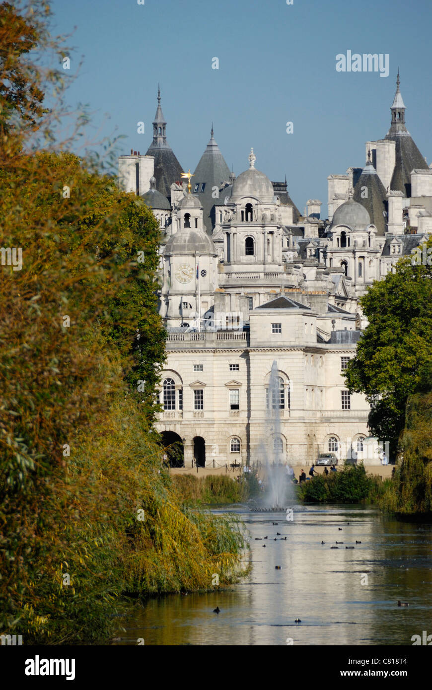 Horse Guards Parade and Whitehall buildings from St James’s Park, London, England Stock Photo