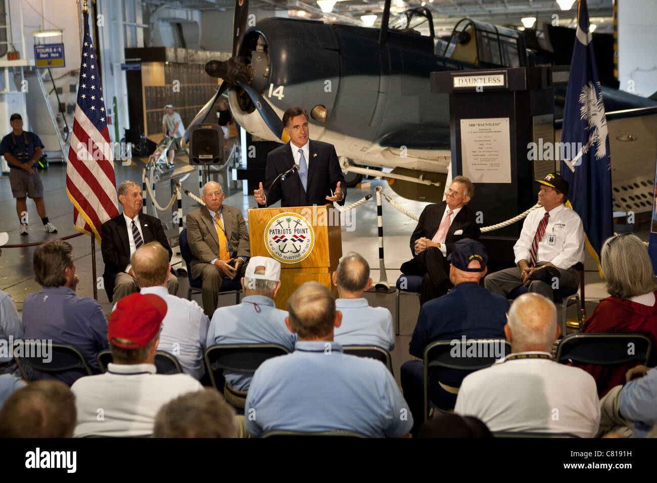 Republican presidential candidate Mitt Romney addresses a group of veterans during a visit to the aircraft carrier USS Yorktown Stock Photo