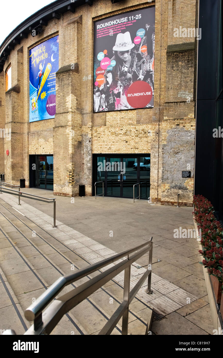 London , Camden Town , Chalk Farm The Roundhouse Theatre theater main entrance & facade front elevation Stock Photo