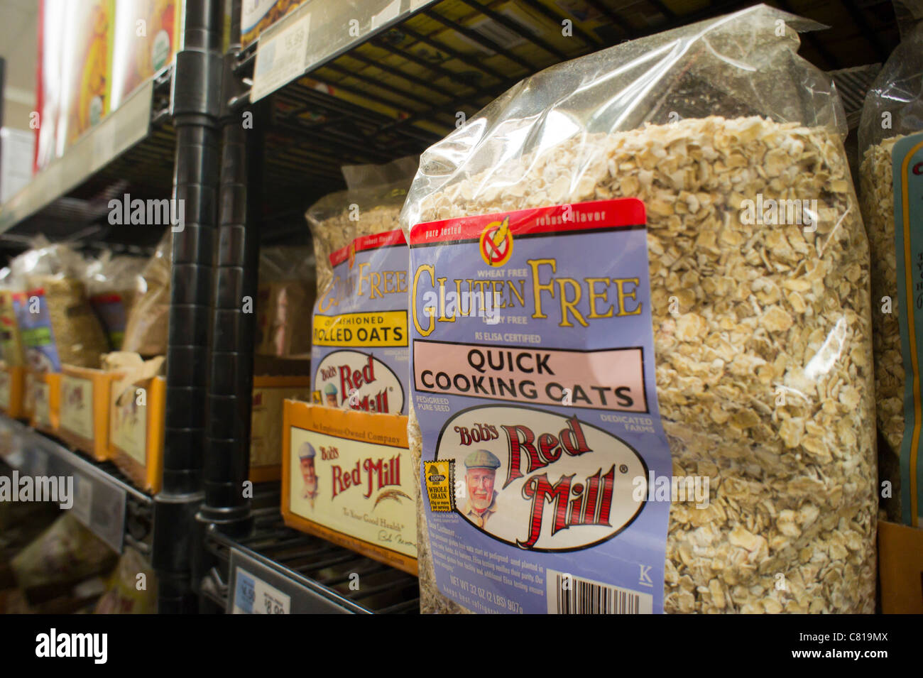 Packages of gluten-free oats are seen on a a supermarket shelf in New York Stock Photo