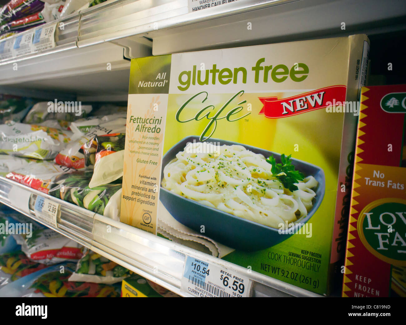 Packages of a gluten-free frozen dinner are seen on a a supermarket shelf in New York Stock Photo