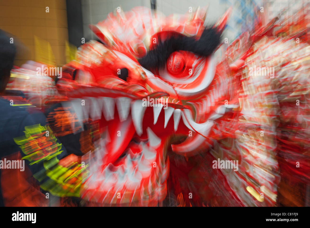 China, Hong Kong, Tai Kok Tsui Temple Fair, Dragon Dance Stock Photo