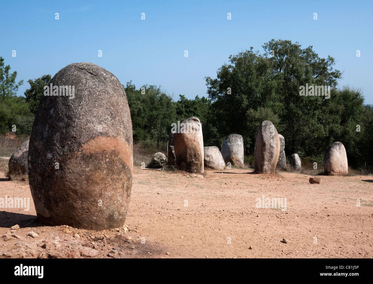 Standing stones at the Cromlech of the Almendres megalithic complex (or